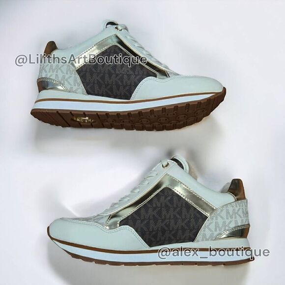 Michael Kors Maddy Vanilla/ Brown Two-Tone Logo Trainer Women's Sneakers 5.5 - Picture 6 of 13